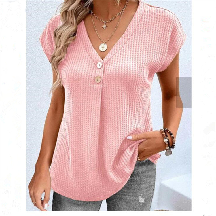 Women's Clothing European And American Top Solid Color Buttons Fashion Short Sleeve - Chic Angle